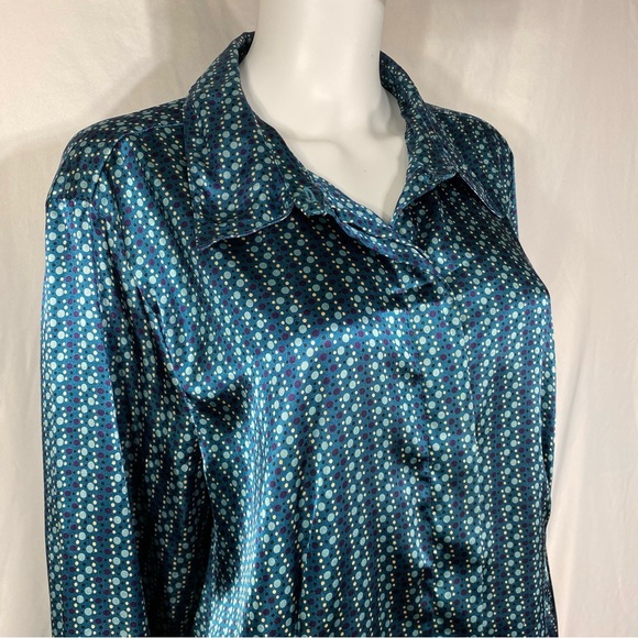 Kathie Lee Satiny Spotted Print Long Sleeve Button Down - Picture 2 of 6